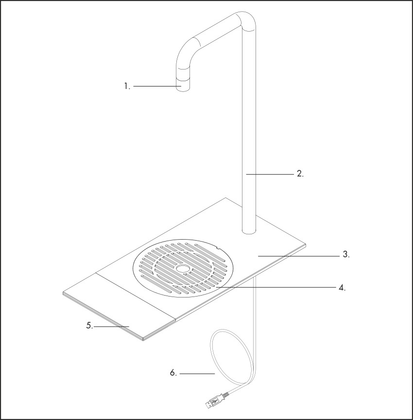 1. Kraan, 2. Hoofdlichaam, 3. Bovenste bevestigingsplaat, 4. Lekbak, 5. Capacitieve touch display, 6. Connector Kabel