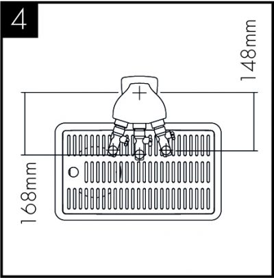 Při umístění na odtok nad stávající dřezovou mísu zohledněte dosah páček vodovodní baterie nebo polohu volitelné odkapávací misky. 168 mm ke středovému kohoutku, 148 mm k vnějším kohoutkům.