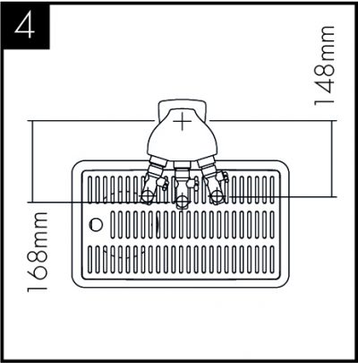 Berücksichtigen Sie bei der Positionierung zum Abtropfen über einem vorhandenen Spülbecken die Reichweite der Hahnhebel oder anderweitig die Position einer optionalen Tropfschale. 168 mm zum mittleren Abgriff, 148 mm zum äußeren Abgriff.