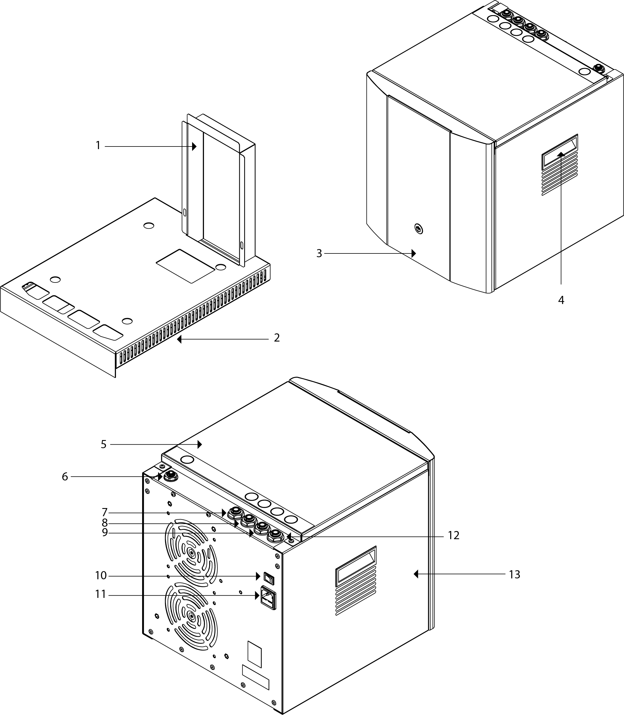 1. Cheminée ProCore Simple-fit, 2. Base ProCore Simple-fit, 3. Panneau avant, 4. Poignée de transport, 5. Panneau supérieur, 6. Entrée du CO2*, 7. Entrée d'eau, 8. Distribution à l'ambiante, 9. Dispense de pétillant, 10. Interrupteur marche/arrêt, 11. Connexion électrique, 12. Distribution de produits réfrigérés, 13. Panneau latéral<br /> 