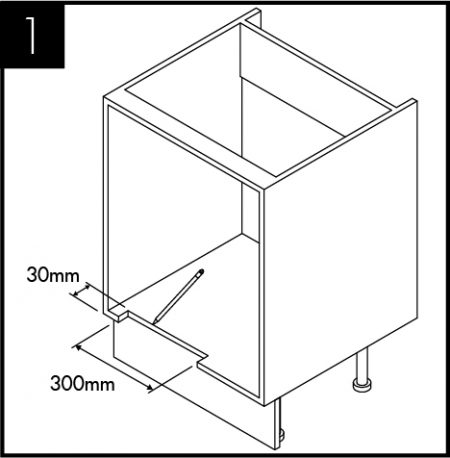 Using the template provided, carefully mark and cut the aperture to the edge of the cabinet.