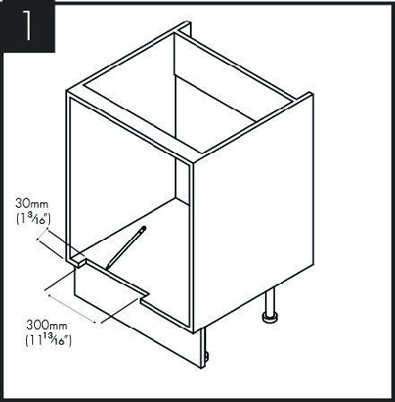 Using the template provided, carefully mark and cut the aperture to the edge of the cabinet.