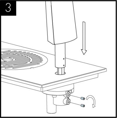 Insérez le robinet de manière à ce que les vis de fixation soient alignées avec les indentations. Serrez les vis hexagonales M4 à l'aide d'une clé Allen jusqu'à ce que le robinet soit bien fixé.