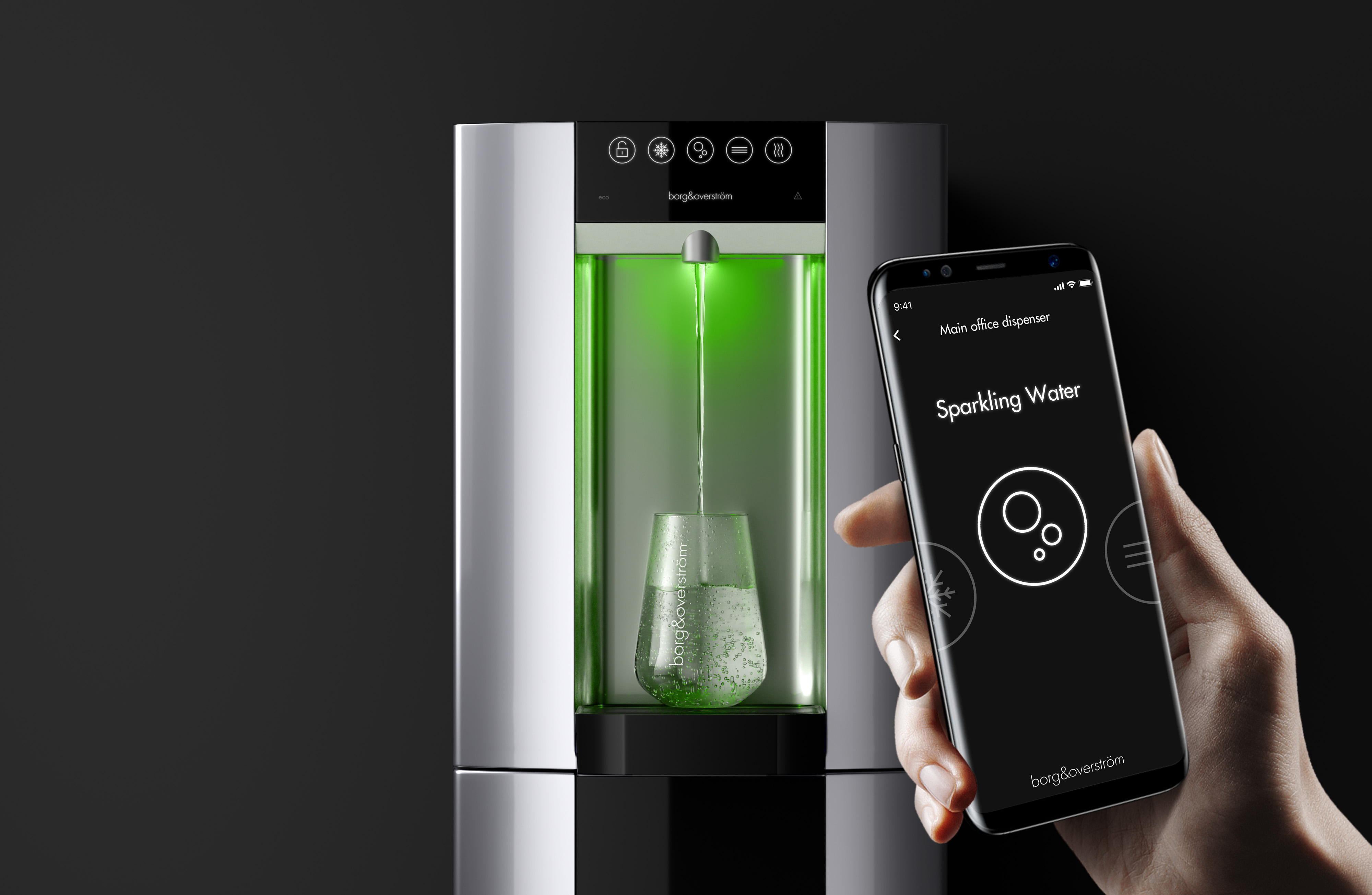A Borg & Overström B6 dispensing sparkling water via a bluetooth mobile application