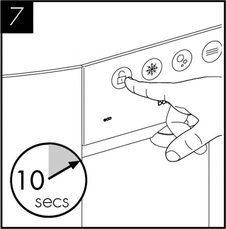 Drücken Sie das Verriegelungssymbol für 10 Sekunden, um das Gerät aus dem Inbetriebnahmemodus zu holen. Die LEDs und das Display ändern sich. <br /> 