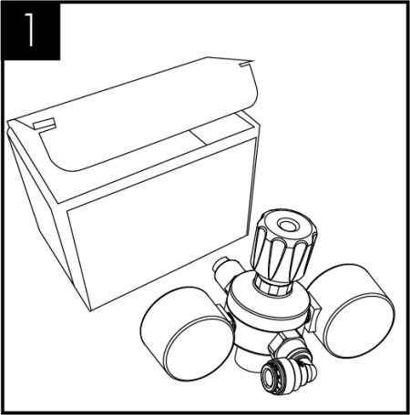 Unpack CO2 Regulator and fit elbow fitting to spigot outlet.