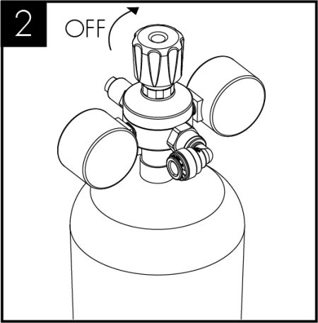 Attach the regulator to the disposable CO2 bottle, ensuring the small pressure relief vent in the stem is facing away from you or anyone else. Ensure the regulator is closed. Hand tighten securely.