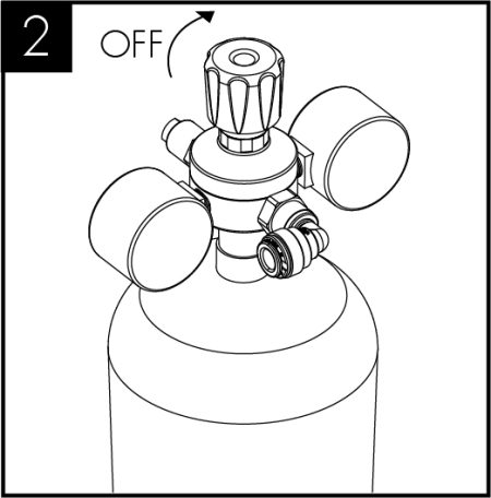Collegare il regolatore alla bombola di CO2 monouso, assicurandosi che il piccolo sfiato di scarico della pressione nel gambo sia rivolto verso l'esterno. Assicurarsi che il regolatore sia chiuso. Serrare a mano in modo sicuro.