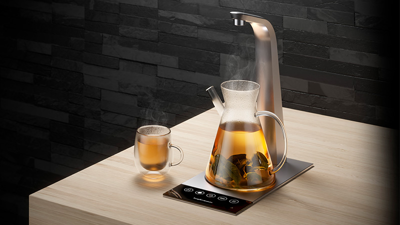 T3 hot tap in use with steaming tea positioned below the faucet