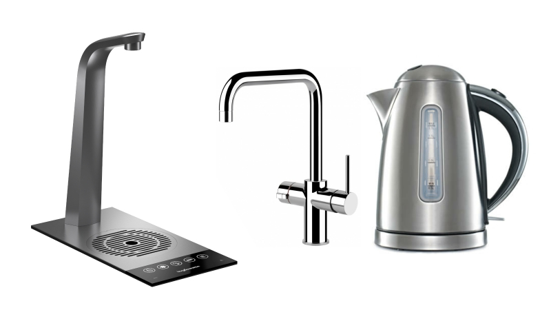 Three images; a Borg & Overström T3, a boiling tap, and a kettle.