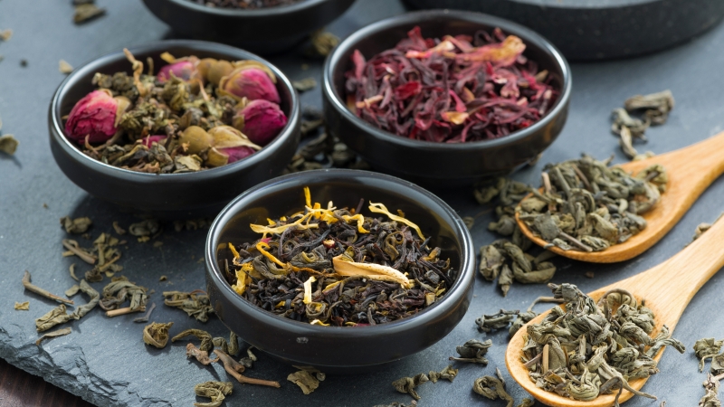 Ramekins with a variety of luxury dried teas Ramekins with a variety of luxury dried teas
