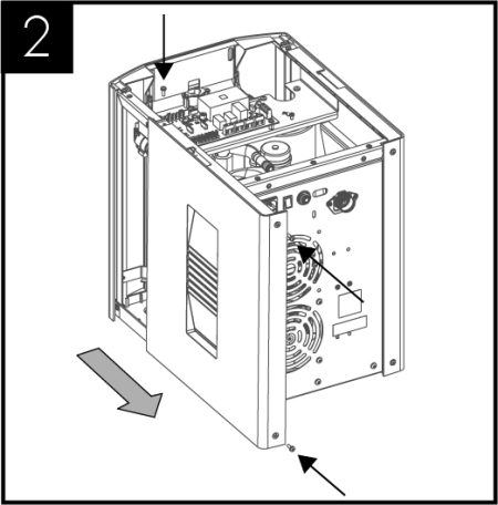 Remove the right hand side panel screws. 2 screws are located at the back and one on top. Then slide the panel back to gain access to the flow controller.