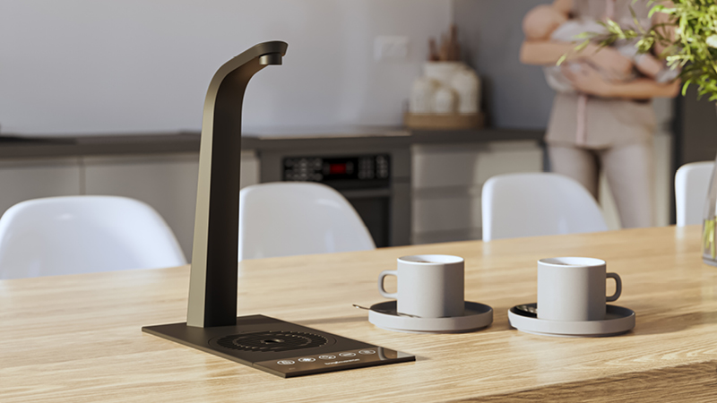 T3 hot tap on a wooden counter next to two cups of coffee