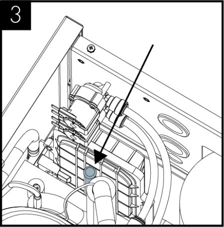 Locate the drain pipe just behind the inlet expansion tank towards the front of the unit. Pull the bung out of the pipe and drain the water into a jug.