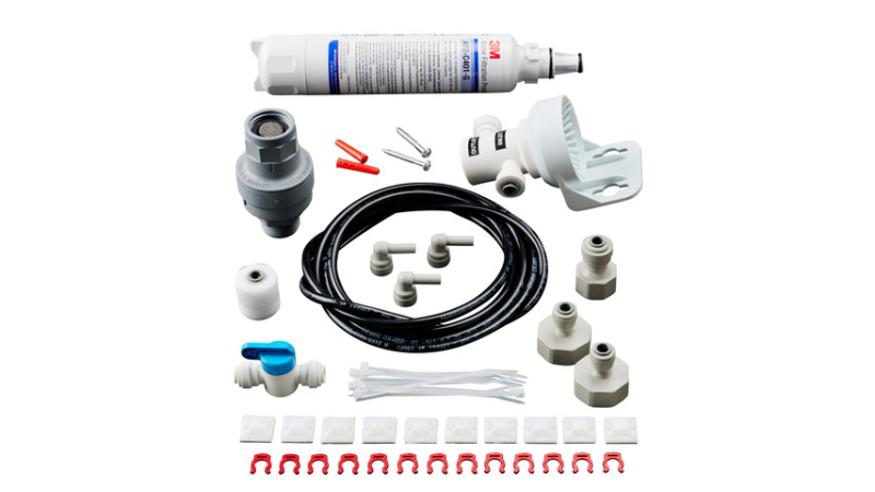 A complete installation kit with all connecting parts visibly laid out