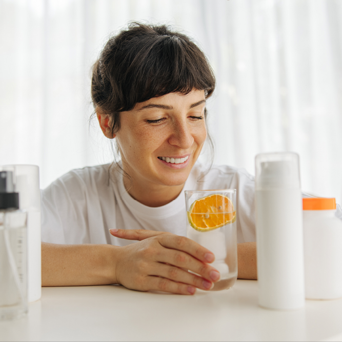 A brown haired women looking into a clear glass of water that is positioned next to her skin-care products