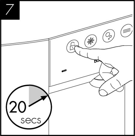 Drücken Sie das Schloss-Symbol 20 Sekunden lang, um das Gerät aus dem Inbetriebnahmemodus zu holen. Die LEDs und das Display ändern sich. <br /> 