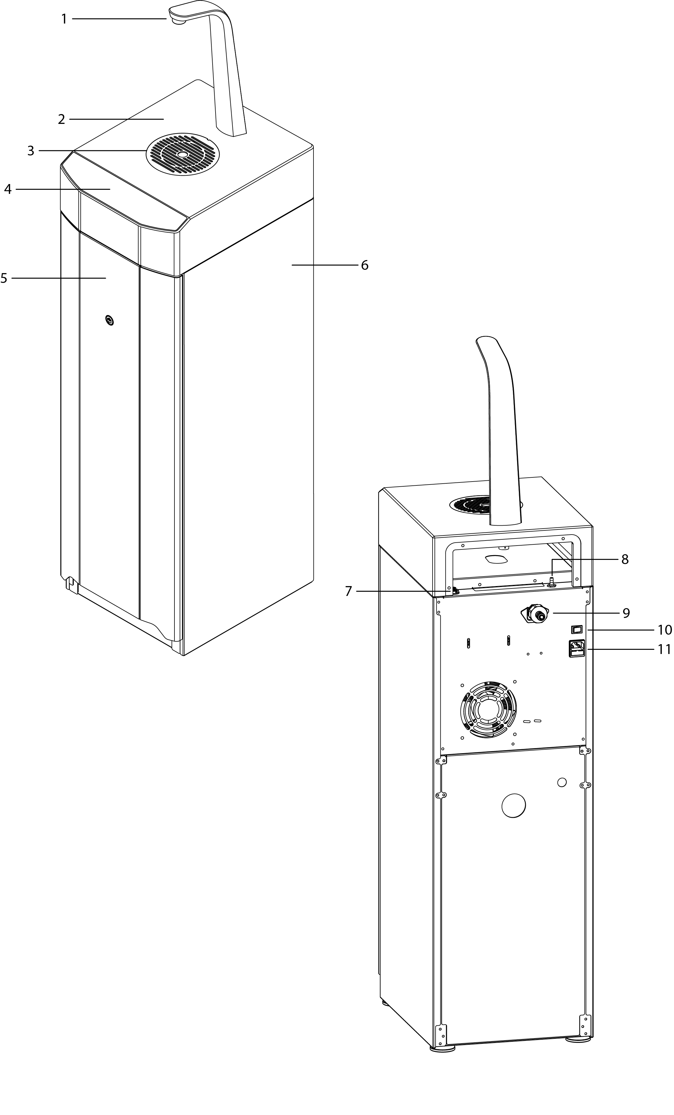 1. Faucet, 2. Corian worktop, 3. Drip tray, 4. Capacitive touch display, 5. Front door, 6. Side panel, 7. Water outlet, 8. Hot water outlet, 9. Water inlet, 10. On/Off switch, 11. Power connection