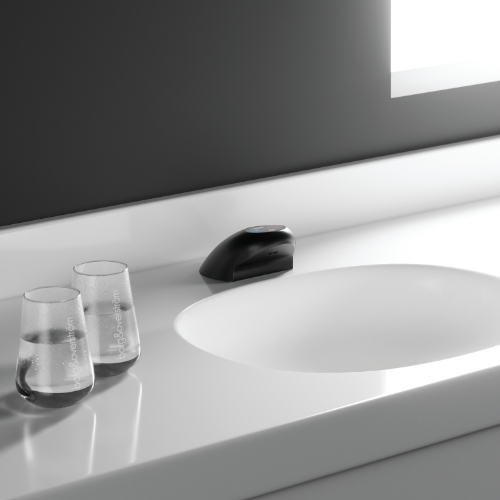 A Borg & Overström Porpoise in black, mounted on a ligature-resistant sink.