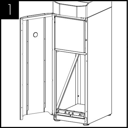 Open the door to gain access to fixing screws. Remove the fixing screws holding the RH side panel in place and remove.<br /> 