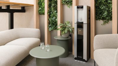 Office design breakout area with water dispenser and illuminated foot control