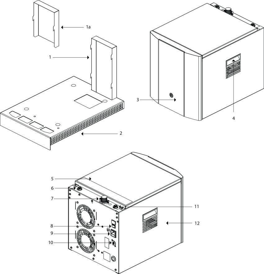 1. ProCore+ Simple-fit Vent Flue, 1a. ProCore Simple-fit Vent Flue, 2. ProCore Simple-fit Base, 3. Front Panel, 4. Carry Handle, 5. Top Panel, 6. Water Outlet, 7. Water Inlet, 8. On/Off Switch, 9. Power Connection, 10. Tap Connection, 11. CO2 Inlet*, 12. Side Panel<br /> 