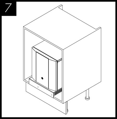 After installation the vents at the front of the cabinet and to the sides of the ventilation base must not be obstructed.