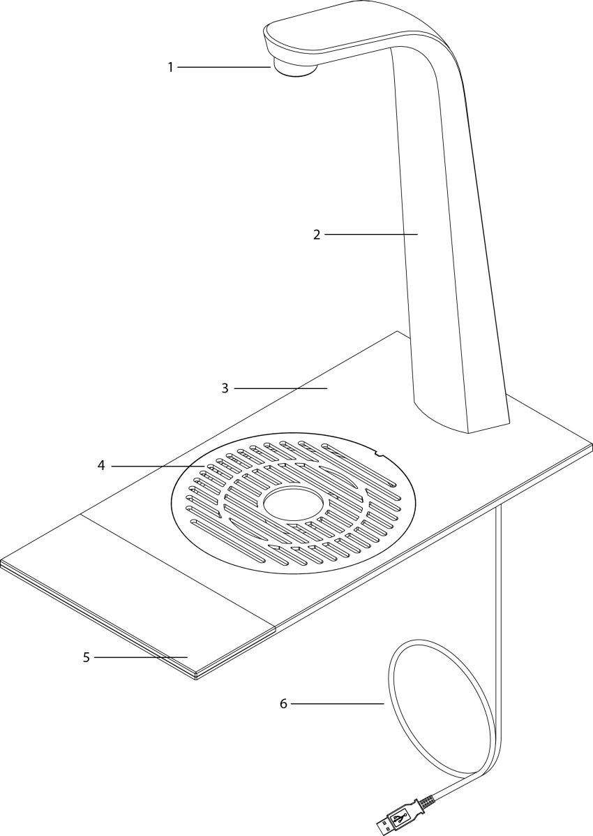 1. Faucet, 2. Main body, 3. Top Mounting Plate, 4. Drip tray, 5. Capacitive touch display, 6. Connector Cable