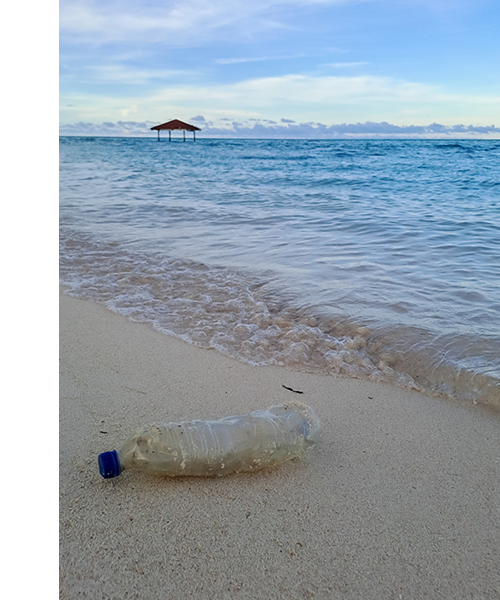 single-use plastic bottle on beach washed up from ocean. Importance of sustainable water dispensers