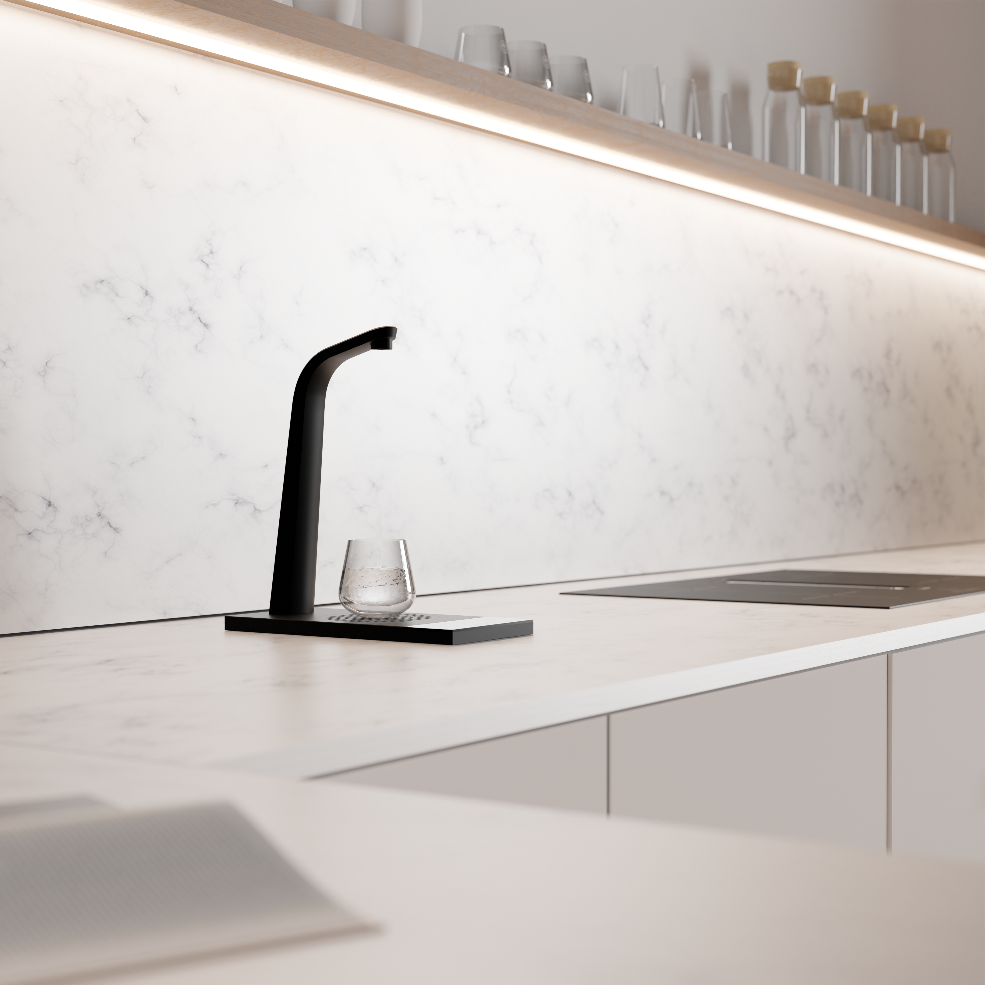 Matt black drinking water tao contrasting on a white marble worktop