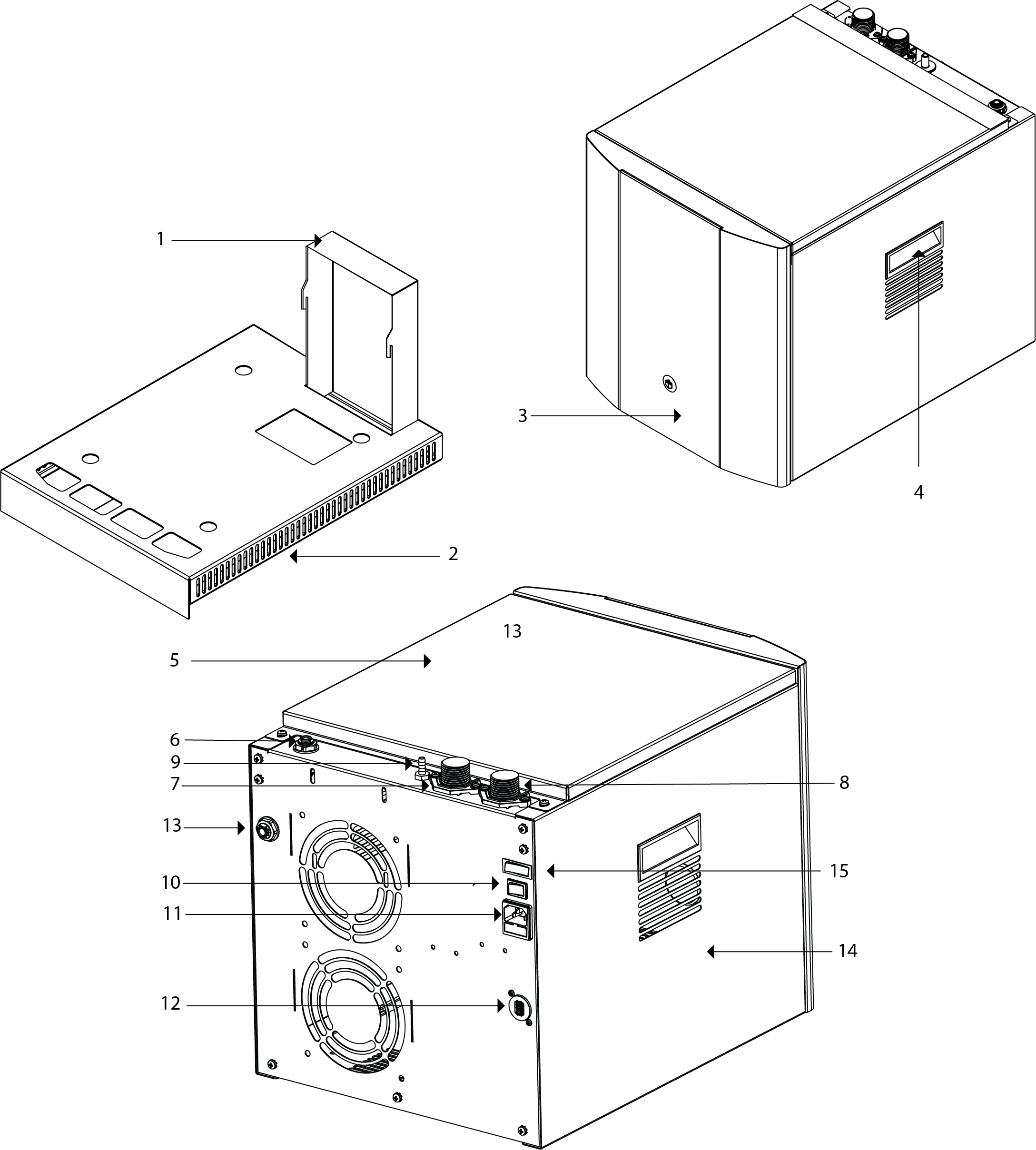 1. ProCore Simple-fit Vent Flue, 2. ProCore Simple-fit Base, 3. Front Panel, 4. Carry Handle, 5. Top Panel, 6. Water Outlet, 7. Cold Supply, 8. Hot Supply, 9. Hot Outlet, 10. On/Off Switch, 11. Power Connection, 12. Tap Connection, 13. CO2 Inlet*, 14. Side Panel, 15. Hot Switch<br /> 