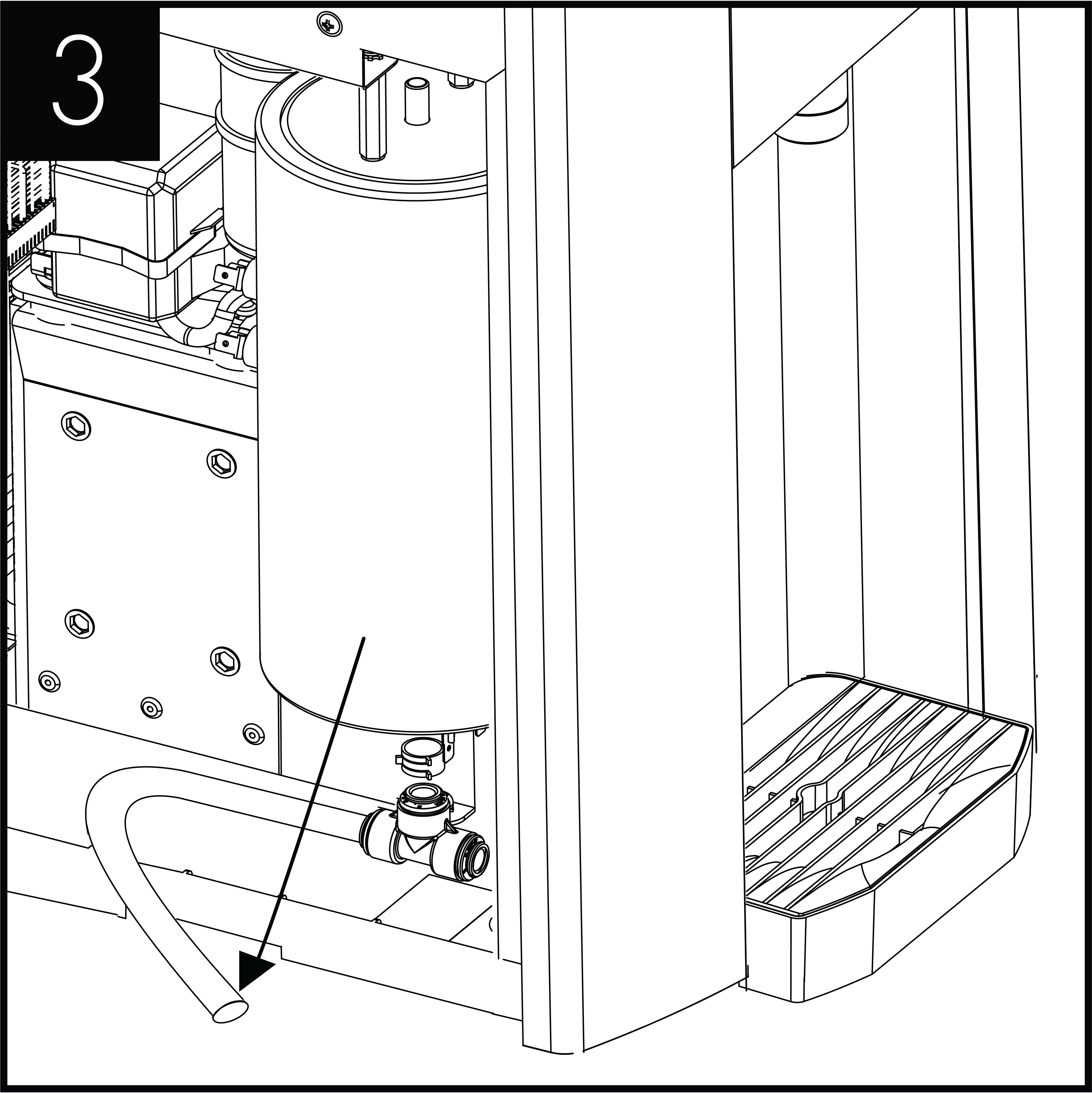 Locate the drain pipe just below the hot tank towards the front of the unit. Pull the bung out of the pipe and drain the water into a jug.
